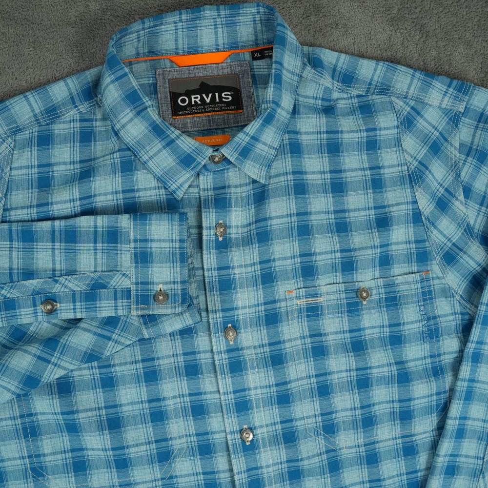 Orvis Tech Chambray Long-Sleeve Work Shirt Mens XL Blue Plaid Active Fit Fishing